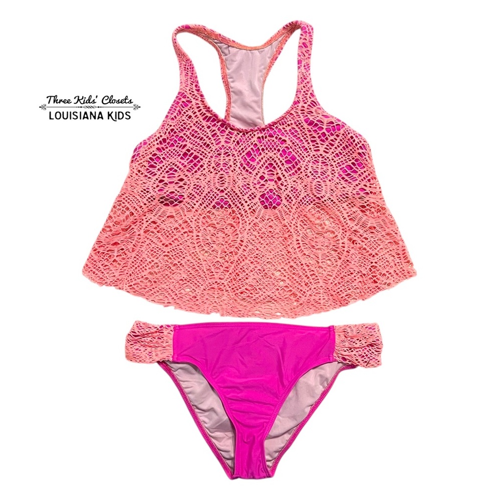 Beach Lingo 16Y Neon Pink & Coral Lace Swim Bikini Set